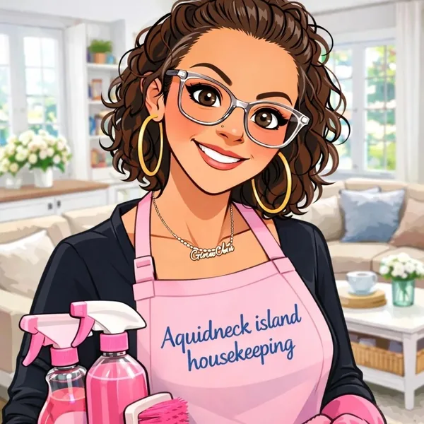 Illustration of the Aquidneck Island Housekeeping cleaning lady in her pink apron